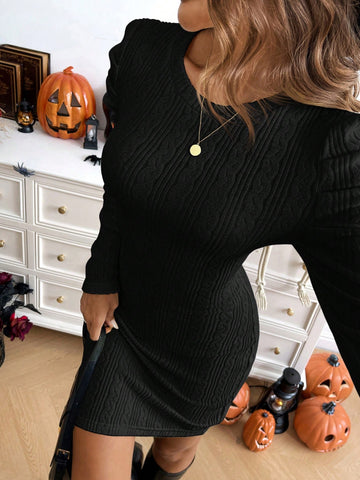 LUNE Solid Puff Sleeve Fitted Dress