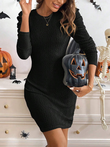 LUNE Solid Puff Sleeve Fitted Dress