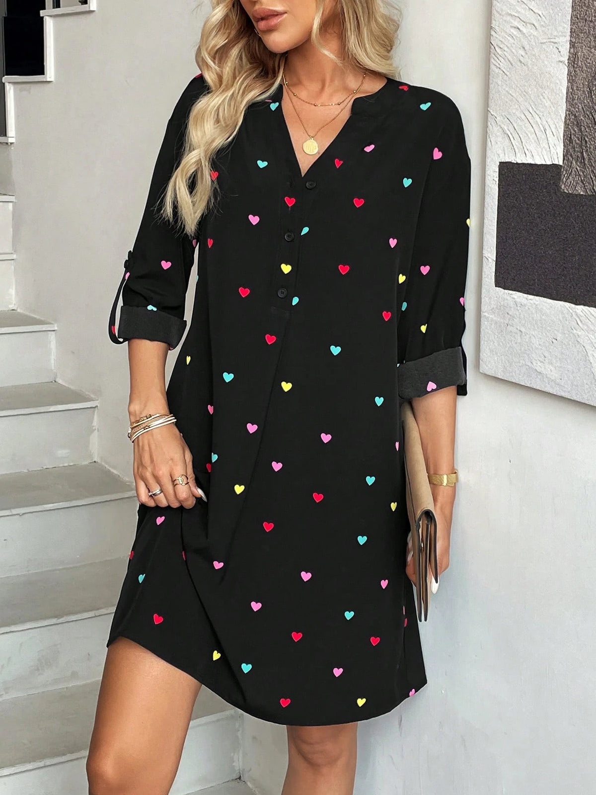 LUNE Women Heart Print V-Neck Half Button Drawstring Cuff A-Line Dress - Suitable For Casual,