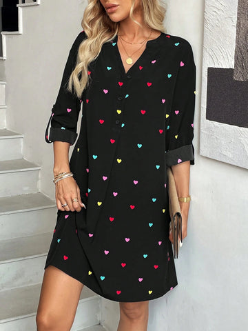 LUNE Women Heart Print V-Neck Half Button Drawstring Cuff A-Line Dress - Suitable For Casual,