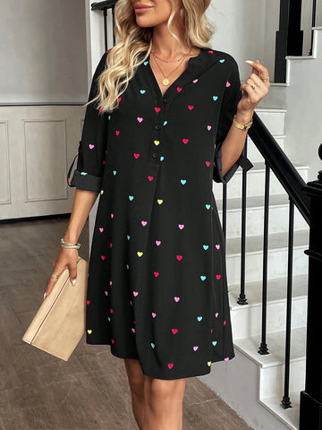 LUNE Women Heart Print V-Neck Half Button Drawstring Cuff A-Line Dress - Suitable For Casual,