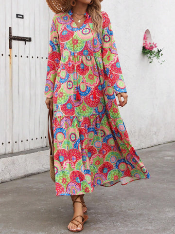 Lace-Up Neck All-Over Allover Print Ruffle Hem Vacation-Style Long Sleeve Dress