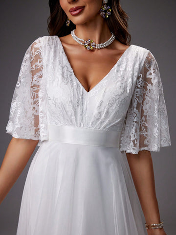 Lace And Mesh Patchwork Wedding Dress