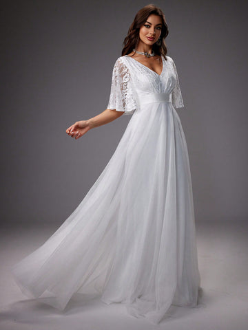 Lace And Mesh Patchwork Wedding Dress