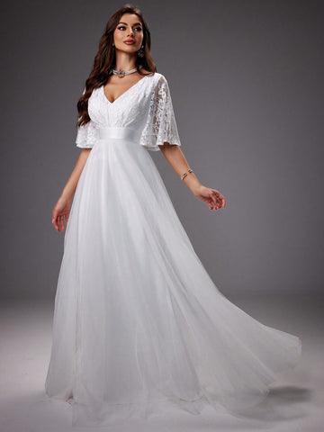 Lace And Mesh Patchwork Wedding Dress