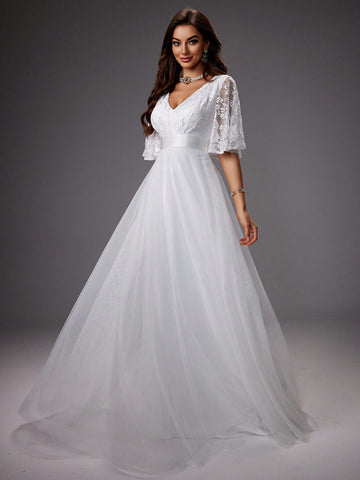 Lace And Mesh Patchwork Wedding Dress