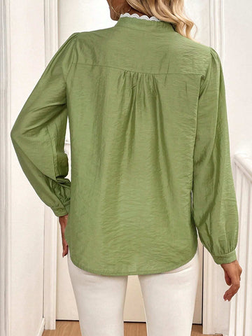 LUNE Lace Trim Colorblock Stand Collar Puff Sleeve Shirt, Fall And Spring