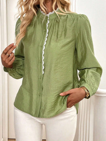LUNE Lace Trim Colorblock Stand Collar Puff Sleeve Shirt, Fall And Spring