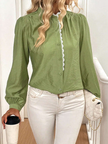 LUNE Lace Trim Colorblock Stand Collar Puff Sleeve Shirt, Fall And Spring