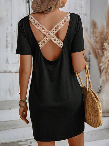 Lace Trimmed Criss-Cross Backless Dress