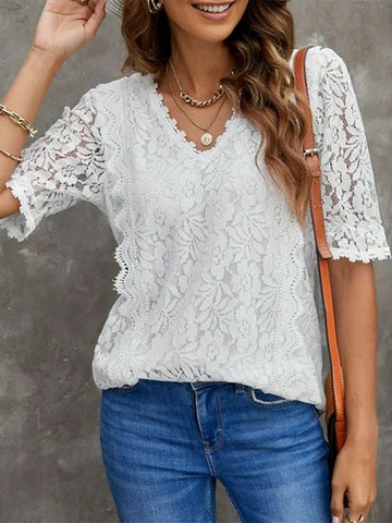 LUNE Lace Trimmed Ladies' Summer Short Sleeve V-Neck Elegant Blouse