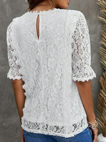 LUNE Lace Trimmed Ladies' Summer Short Sleeve V-Neck Elegant Blouse