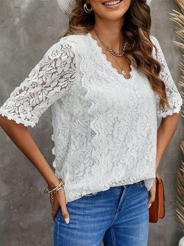 LUNE Lace Trimmed Ladies' Summer Short Sleeve V-Neck Elegant Blouse