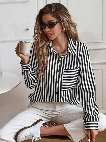 LUNE Ladies Buttoned Long Sleeve Elegant Business Striped Print Pocket Detail Shirt