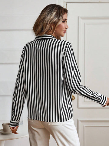 LUNE Ladies Buttoned Long Sleeve Elegant Business Striped Print Pocket Detail Shirt