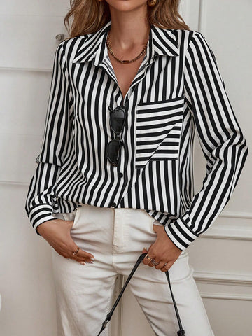 LUNE Ladies Buttoned Long Sleeve Elegant Business Striped Print Pocket Detail Shirt