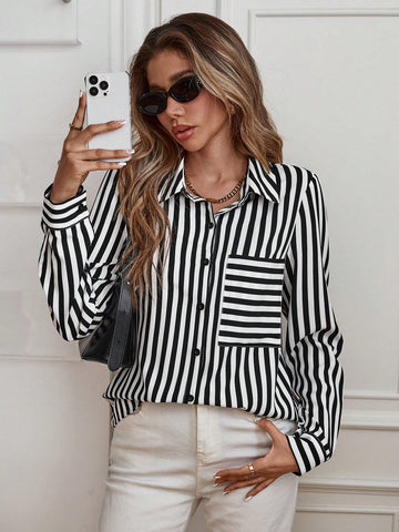 LUNE Ladies Buttoned Long Sleeve Elegant Business Striped Print Pocket Detail Shirt