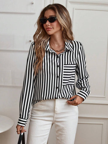 LUNE Ladies Buttoned Long Sleeve Elegant Business Striped Print Pocket Detail Shirt