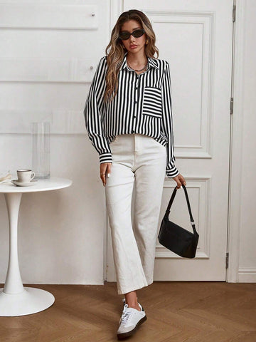 LUNE Ladies Buttoned Long Sleeve Elegant Business Striped Print Pocket Detail Shirt