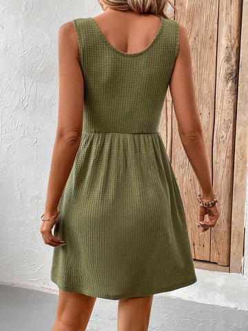 Ladies' Casual Comfortable Elastic Waffle Checkered Dress With Button Embellishment And U Neckline