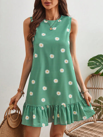 Ladies' Daisy Floral Print Straight Dress With Ruffle Hem