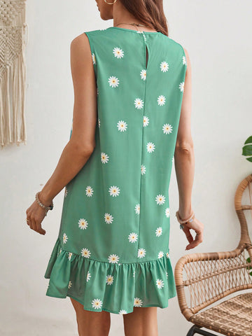 Ladies' Daisy Floral Print Straight Dress With Ruffle Hem