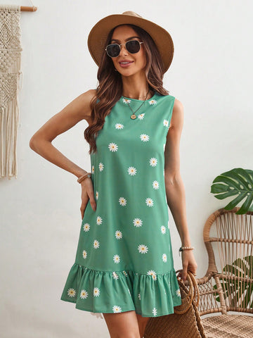 Ladies' Daisy Floral Print Straight Dress With Ruffle Hem
