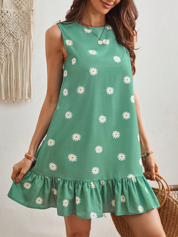 Ladies' Daisy Floral Print Straight Dress With Ruffle Hem