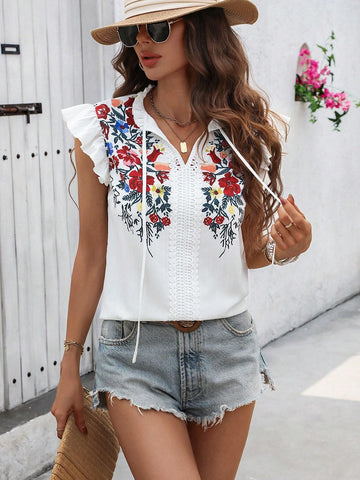 LUNE Ladies" Fashionable Summer Floral Print Flutter Sleeve Top With Ruffled Hem