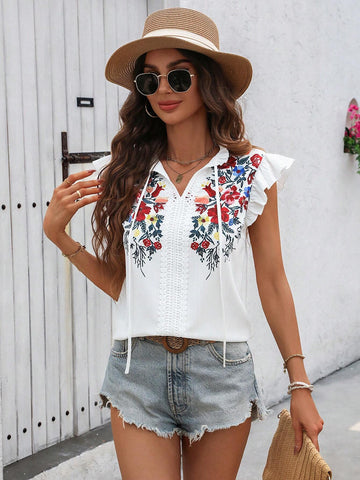 LUNE Ladies" Fashionable Summer Floral Print Flutter Sleeve Top With Ruffled Hem