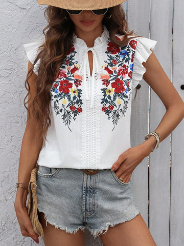 LUNE Ladies" Fashionable Summer Floral Print Flutter Sleeve Top With Ruffled Hem