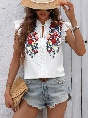 LUNE Ladies" Fashionable Summer Floral Print Flutter Sleeve Top With Ruffled Hem