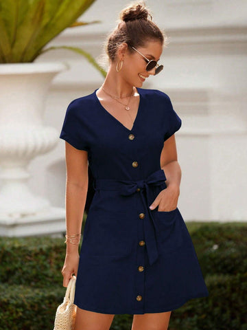 Ladies' Fashionable Summer Plain V-Neck Casual Dress
