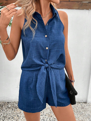 Ladies' Knot Hem Sleeveless Blouse And Shorts Set