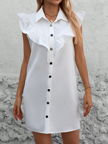 Ladies' Lapel Buttoned Dress With Ruffled Edges & Flared Sleeves, Single Breasted, 2024 Summer New Arrival