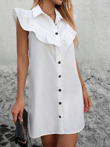 Ladies' Lapel Buttoned Dress With Ruffled Edges & Flared Sleeves, Single Breasted, 2024 Summer New Arrival