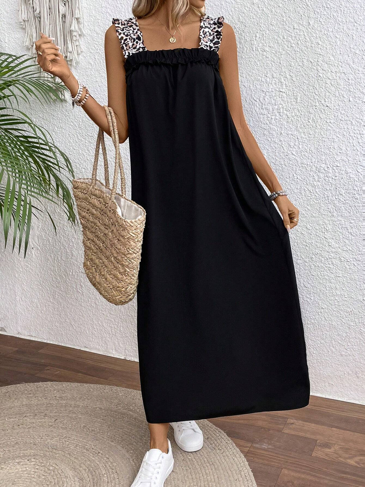 Ladies Leopard Print Spaghetti Strap Long Dress
