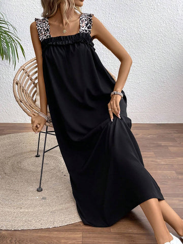 Ladies Leopard Print Spaghetti Strap Long Dress