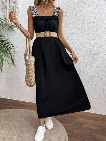 Ladies Leopard Print Spaghetti Strap Long Dress