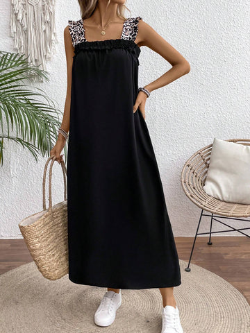 Ladies Leopard Print Spaghetti Strap Long Dress