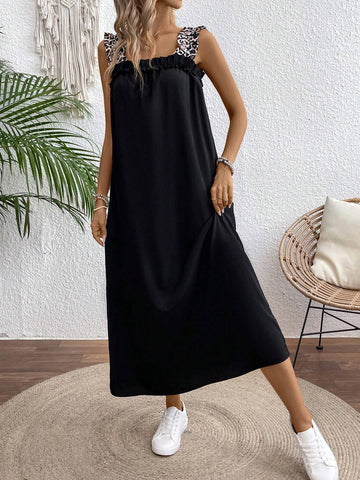 Ladies Leopard Print Spaghetti Strap Long Dress