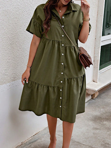 Ladies' Loose Fit Button Front Solid Color Casual Dress