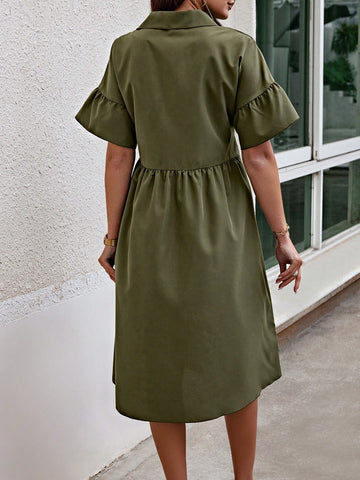 Ladies' Loose Fit Button Front Solid Color Casual Dress