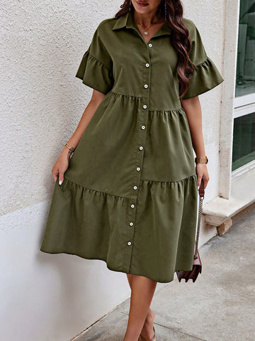 Ladies' Loose Fit Button Front Solid Color Casual Dress