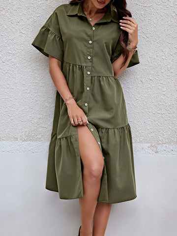 Ladies' Loose Fit Button Front Solid Color Casual Dress