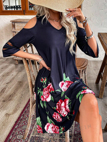 Ladies' Off-Shoulder Floral Printed Dress