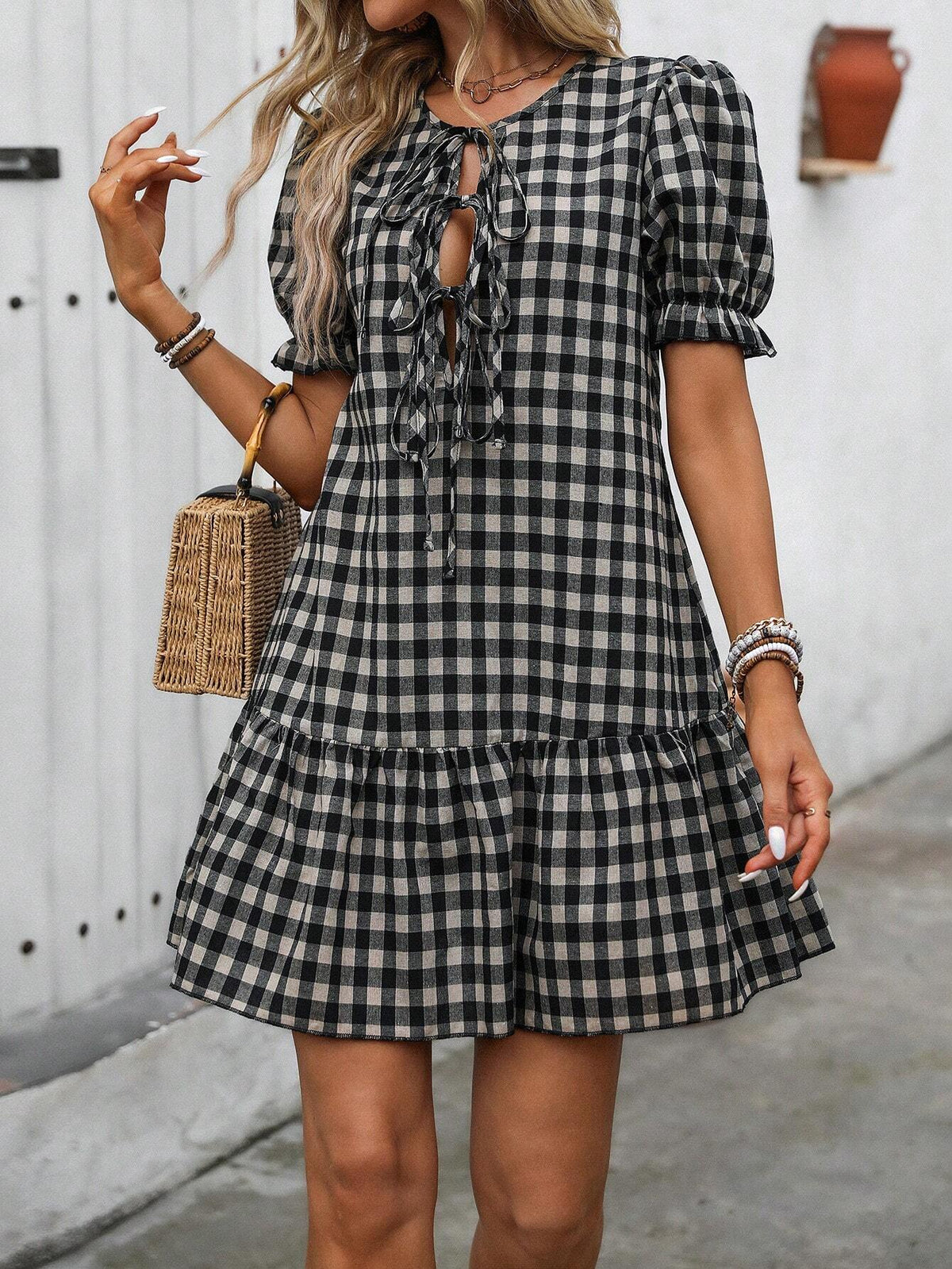 Ladies' Plaid Print Puff Sleeve Dress With Ruffle Trim And Round Neckline Tie, Summer