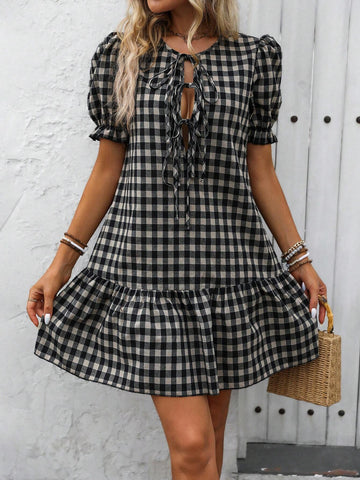 Ladies' Plaid Print Puff Sleeve Dress With Ruffle Trim And Round Neckline Tie, Summer