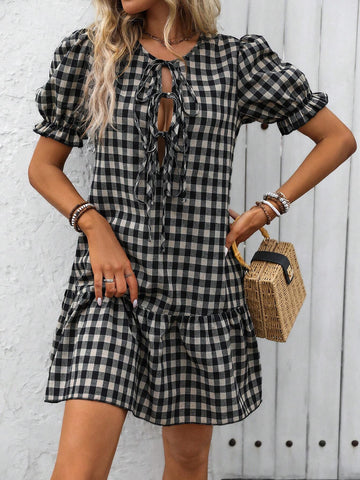 Ladies' Plaid Print Puff Sleeve Dress With Ruffle Trim And Round Neckline Tie, Summer