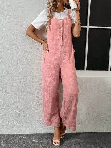 Ladies' Pocket & Side Buttoned Suspenders Jumpsuit